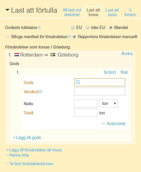 Användarguide 67 Här anger du godset. Välj +Lägg till gods Rapportera en försändelse av EU-godset samt bifoga tillhörande manifest i fliken Dokumentation.