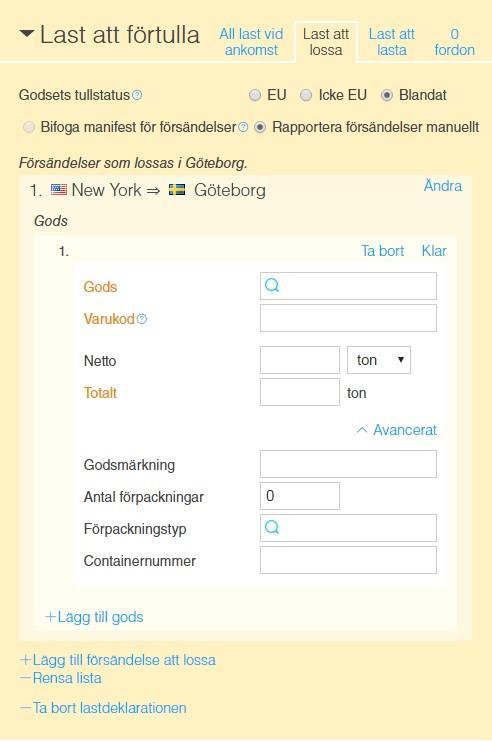 70 Användarguide I dialogen för gods anges godset enligt följande: Gods för giltiga val kan sökning göras genom att placera markören i fältet och klicka.