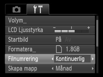 Ändra filnumreringen De bilder du tar tilldelas automatiskt filnummer i den ordning de tas, från 0001 till 9999, och sparas i mappar med upp till 2 000 bilder. Du kan ändra filnumreringen.