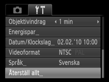 Återställa kameran till standardinställningarna Om du har ändrat en inställning av misstag kan du återställa kameran till standardinställningarna. Visa menyn. Tryck på n-knappen.