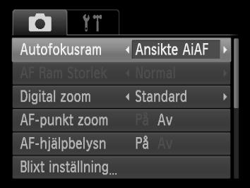 Ändra inställningen för autofokusram Du kan anpassa kameran till fotografering av olika motiv genom att använda olika autofokusramar. Välj [Autofokusram]. Tryck på n-knappen.