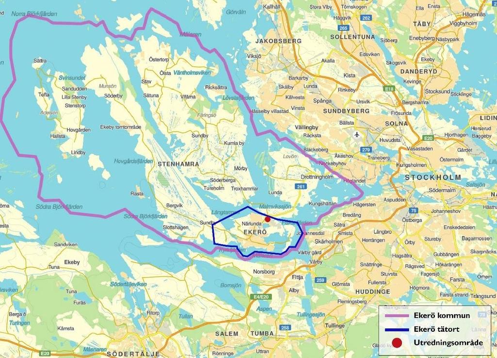 3 2. Nulägesbeskrivning 2.1 Utredningsområde Ekerö kommun ligger väster om Stockholm och består av en grupp öar i Mälaren (se figur 2-1).
