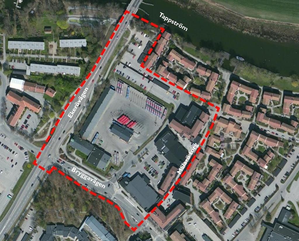 4 Figur 2-2 Utredningsområdet Ekerö centrum. Ekerös centrum består bl.a. av en livsmedelsbutik, Systembolaget, klädaffär, sportaffär, frisör, apotek och restauranger.