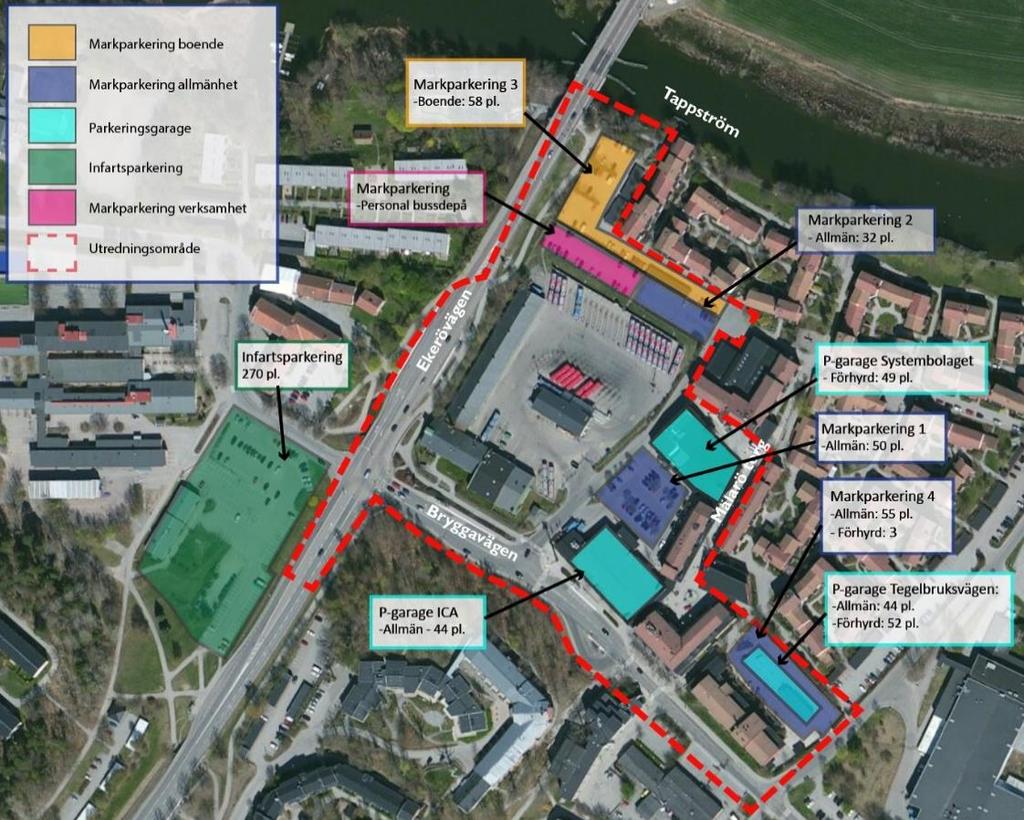 9 Precis utanför utredningsområdet finns även en stor markparkering med underliggande parkeringsgarage. Öster om utredningsområdet vid kommunhuset ligger en stor infartsparkering.