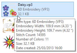 6 Håll muspekaren över ikonen för Daisy.vp3. En beskrivning visas. Beskrivningen innehåller det mesta av informationen om broderiet som visas i förhandsgranskningsfönstret.