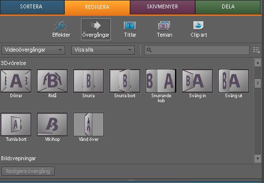 Använda övergångar 134 Aktivitetspanelens övergångsvy Adobe Premiere Elements innehåller två ljudövergångar i kategorin Tona tvärs över, Konstant effekt och Konstant förstärkning.