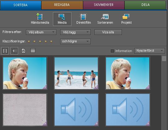 Arbetsyta i Adobe Premiere Elements 15 Arbetsytan Ordna Från arbetsytan Ordna på aktivitetspanelen kan du använda följande: Hämta media Gör att du kan lägga till filer från flera olika källor, bland