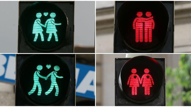 Trafikljus vid övergångsställe Under PRIDE veckan programmerade Stockholm Stads Trafikkontor om 48 trafikljus vid övergångsställen för att visa samkönade par: Det väcker frågan hur svårt eller lätt