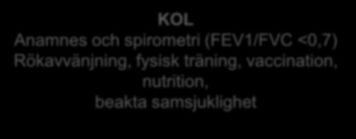 KOL Anamnes och spirometri (FEV1/FVC <0,7) Rökavvänjning, fysisk träning, vaccination, nutrition, beakta samsjuklighet Lindriga/sporadiska symtom CAT < 10,