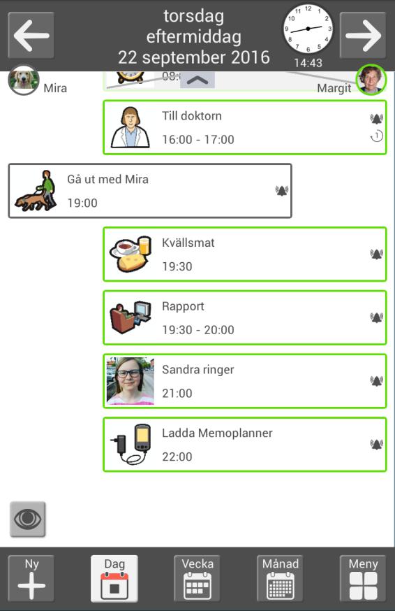 2.1.3 Dagkalender med listvisning Längst upp visas information om dag och tid. Här bläddrar man också mellan dagarna. Aktiviteterna visas i en lista med den närmast kommande aktiviteten först.