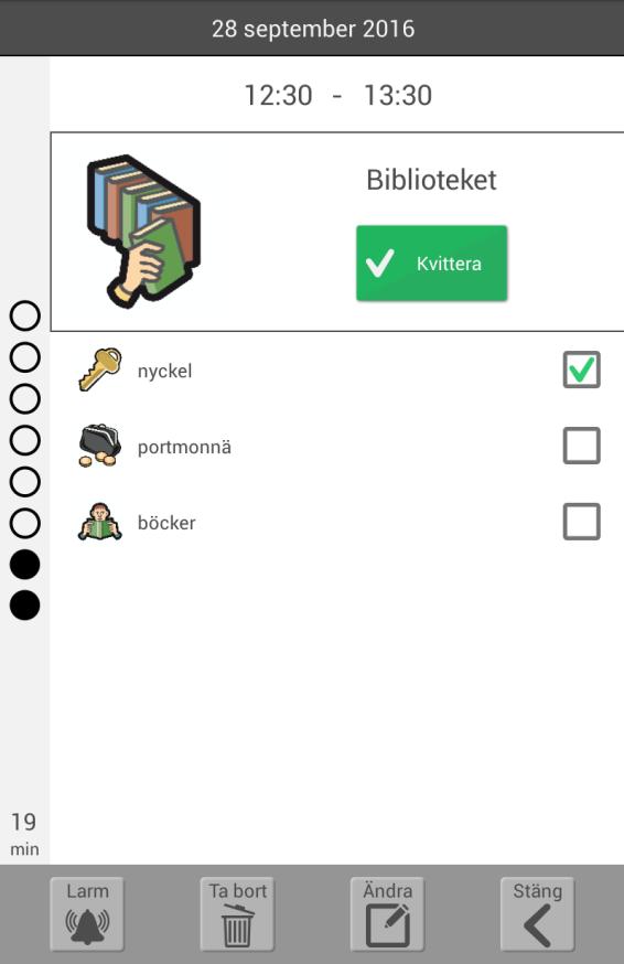 2.4 Aktivitetsvyn I aktivitetsvyn får man utökad information om en aktivitet i dagkalendern. Aktivitetsvyn ser lite olika ut beroende på om aktiviteten har bild, text och checklista.