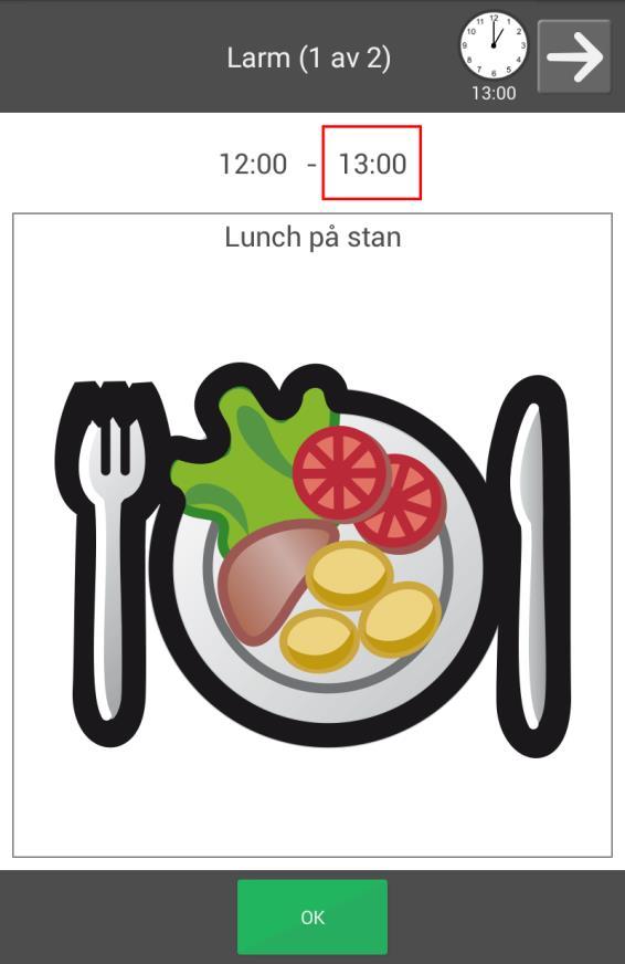 2.4.2 Ta bort aktiviteten Se kapitel 2.8 Ta bort aktivitet. 2.4.3 Ändra aktiviteten Se kapitel 2.7 Ändra aktivitet. 2.5 Larm och påminnelser Larmvyn visas när en aktivitet ska börja eller sluta.