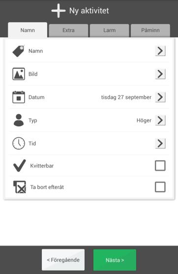 2.6.1.3 Ange aktivitetens egenskaper i Ändravyn Här anger man aktivitetens namn, bild, starttid, typ av larm och påminnelser etc. För mer beskrivning av Ändravyn, se kapitel 2.10 Ändravyn. 2.6.1.4 Välj upprepning Här väljer man om och hur aktiviteten ska upprepas: Enstaka.