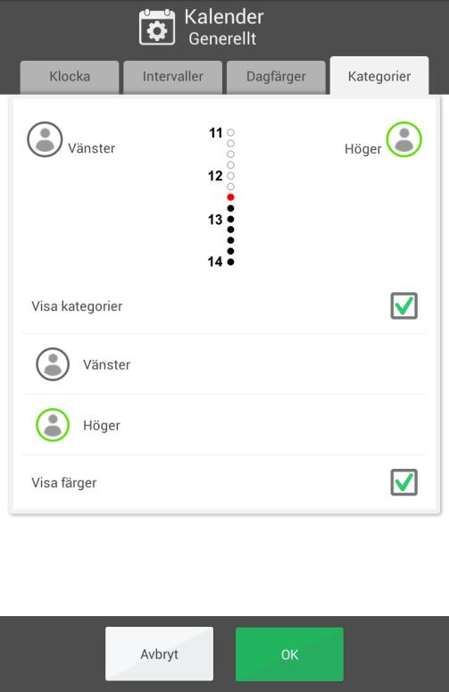 4.1.1.4 Kategorier Här väljer man om aktiviteterna ska kategoriseras för att kunna visas på höger och vänster sida i dagkalendern. Visa kategorier.