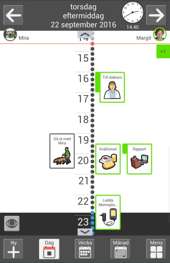 2. Kalendern Kalendern är centrum i MEMOplanner. Här får man en översikt av dagen, veckan och månaden. Man får hjälp att se vilken tid på dygnet det är.