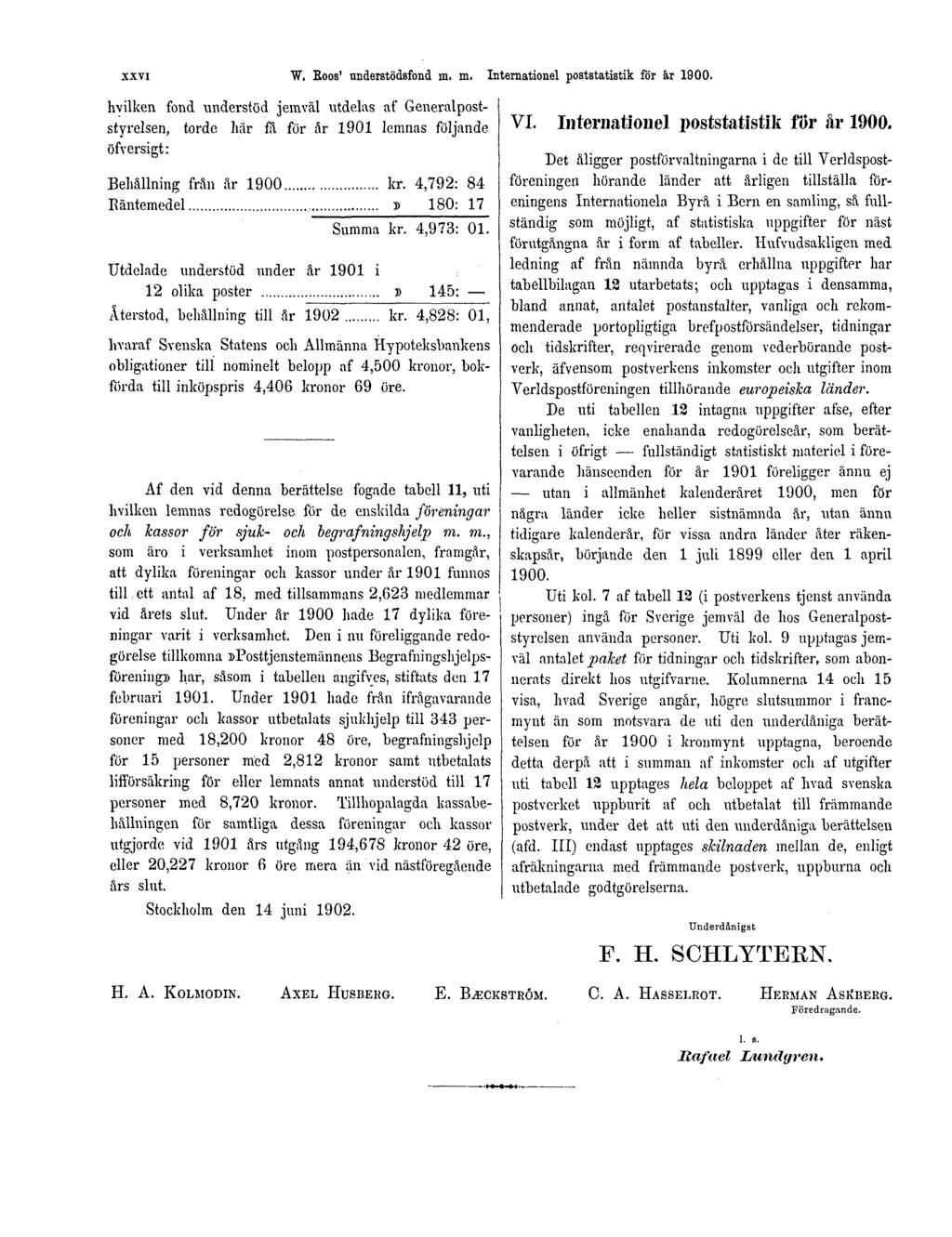XXVI W. Roos' understödsfond m. m. Internationel poststatistik för år 1900.