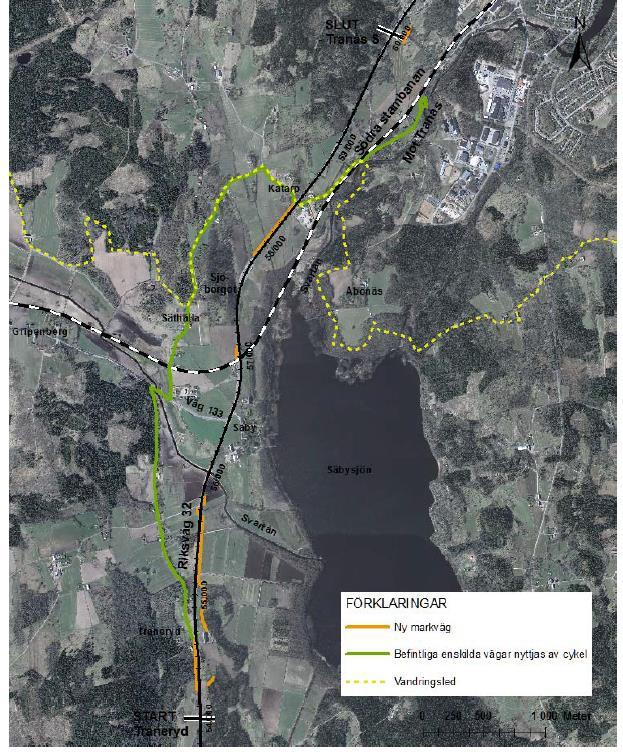 Figur 3 Illustration över befintligt parallellvägnät och nya vägar som föreslås användas av gång- och cykeltrafiken [2].