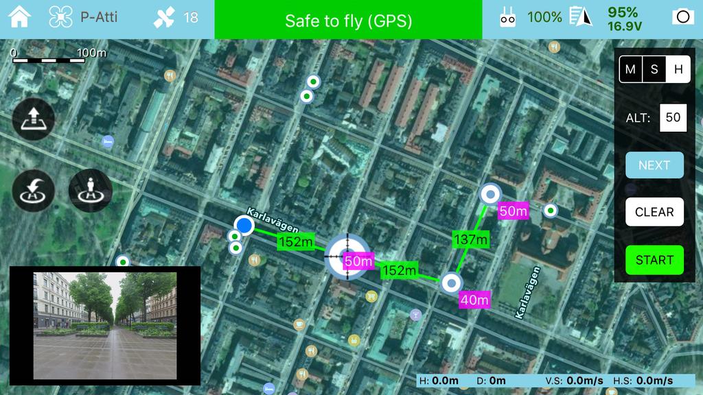 4. Skapa waypoints. Sätt fingret på skärmen och håll intryckt. Information om avstånd och höjd till första waypoints visas. Vill du ändra höjden gör du det i fältet ALT (altitude).