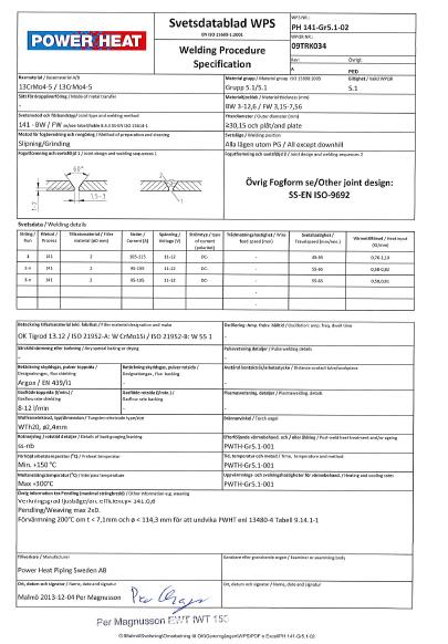 Tillvägagångssätt vid framtagning av WPS (forts.) När pwps är provad och godkänd får man ett protokoll, WPQR, som verifierar att svetsproceduren uppfyller ställda krav i enlighet med vald standard.