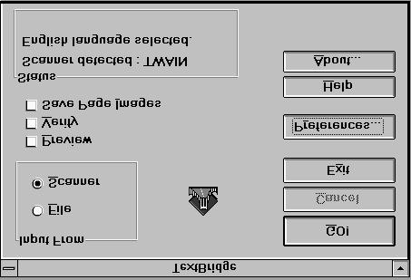 Bild 14: TextBridge 3.0 OCR för Windows 3.1x 2. Välj Scanner under Input From. 3. Deaktivera alternativet Save Page Images. 4. Klicka på GO! för att skanna ett textavsnitt.