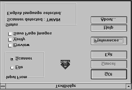 Bild 14: TextBridge 3.0 OCR för Windows 3.1x 2. Välj Scanner under Input From. 3. Deaktivera alternativet Save Page Images. 4. Klicka på GO! för att skanna ett textavsnitt.