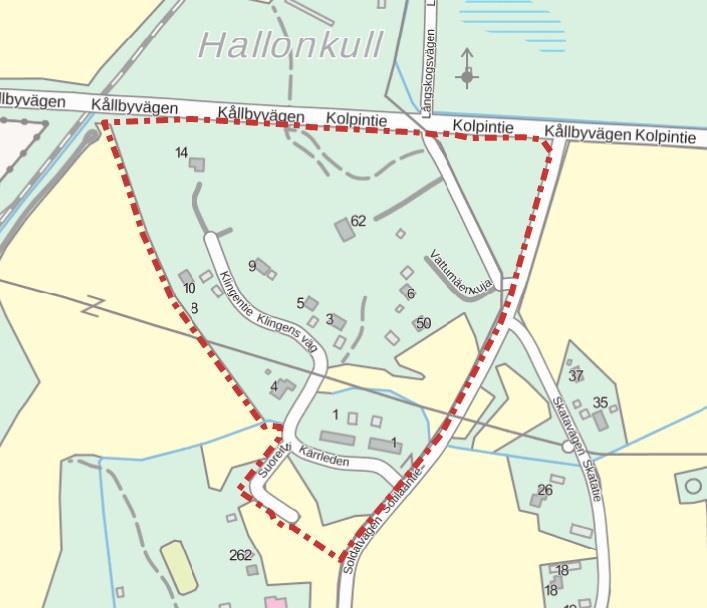 1-6 Bild 3. Planområdets avgränsning anges med röd linje. 1.3 Planens namn och syfte Planens namn är ÄNDRING AV KÅLLBY DETALJPLAN.