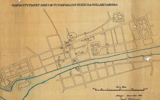 Stenkällare vid Medborgarhuset i Arboga Figur 2. Josef Holmins karta av medeltida källare från år 1924. Undersökningsområdet markerat med en svart cirkel. Skala 1:2 000.