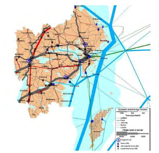 Bild 2.3.1 Totala godstransporter för respektive trafikslag i östra Mellansverige. Flödenas bredd beskriver transporternas storlek mätt i ton/år. Trafikslaget flyg är inte markerat på kartan.