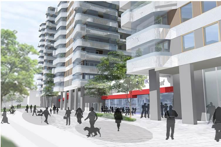 Husen får tillgång till bostadsgårdar på taket till centrumbyggnaden.
