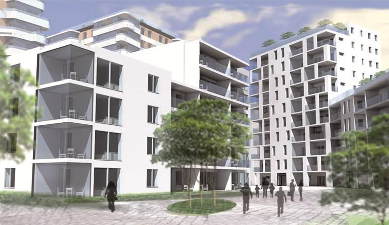 Inramningen av hög bebyggelse skapar ett rum med torg och lägre bebyggelse i centrum. Den byggnaden är belägen söder om torget och ramar in den utan att medföra en besvärande skuggning.