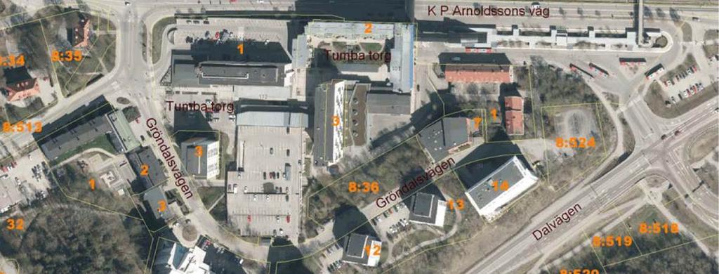 BOTKYRKA KOMMUN 6 [30] Markägoförhållanden Kvarteret Handelsmannen är en bostadsfastighet som ägs av Citycon. Bolaget äger även de delar av Tumba centrum 1 som också ingår i planområdet.