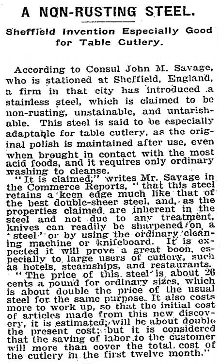 ROSTFRITT STÅL Ingen nyhet Harry Brearly 1912 Sheffield Beskrevs i New York Times 1915 Över 100 års