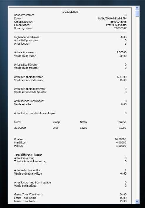 Kvittojournalen innehåller alla kvitton, z-dagrapporter och x-dagrapporter som du gjort i kassan under valt datumintervall. Alla transaktioner skrivs ut i ett komprimerat format i kronologisk ordning.
