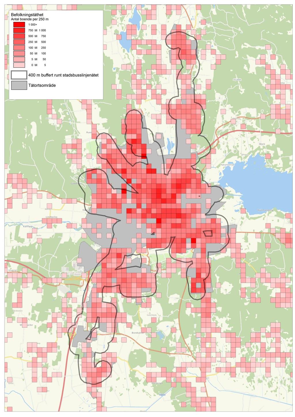 Karta 2: Tätortsområden, befolkningstäthet och 400m radie kring stadsbusslinjenätet.