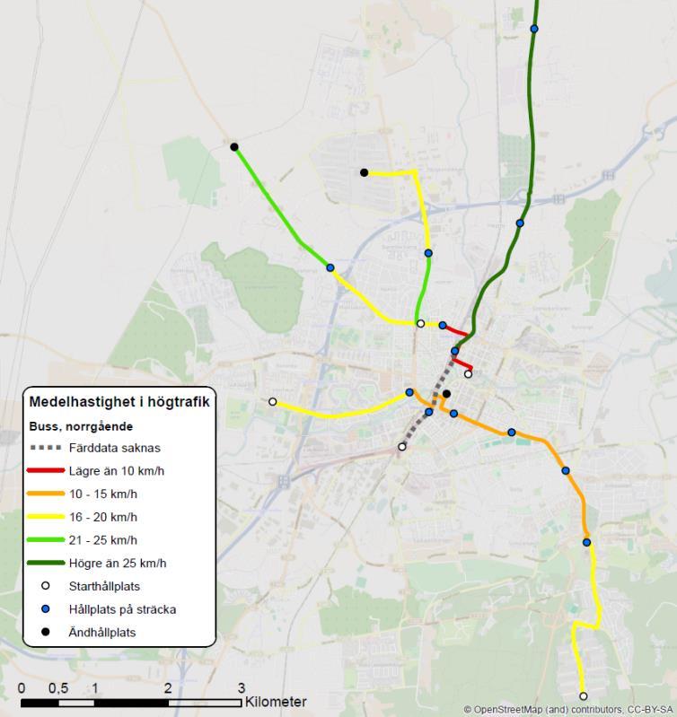 Karta 7: Medelhastighet för bussar i högtrafik.