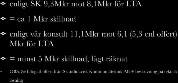 VA-kostnader enligt SK 9,3Mkr mot 8,1Mkr för LTA = ca 1 Mkr skillnad enligt vår konsult 11,1Mkr mot 6,1 (5,3 enl offert) Mkr för