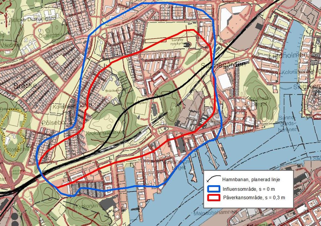 Figur 2.4.2. Gränser för det hydrauliska påverkansområdet och influensområdet i byggskedet vid föreslagna skyddsåtgärder. avsänkning på 0,3 meter.