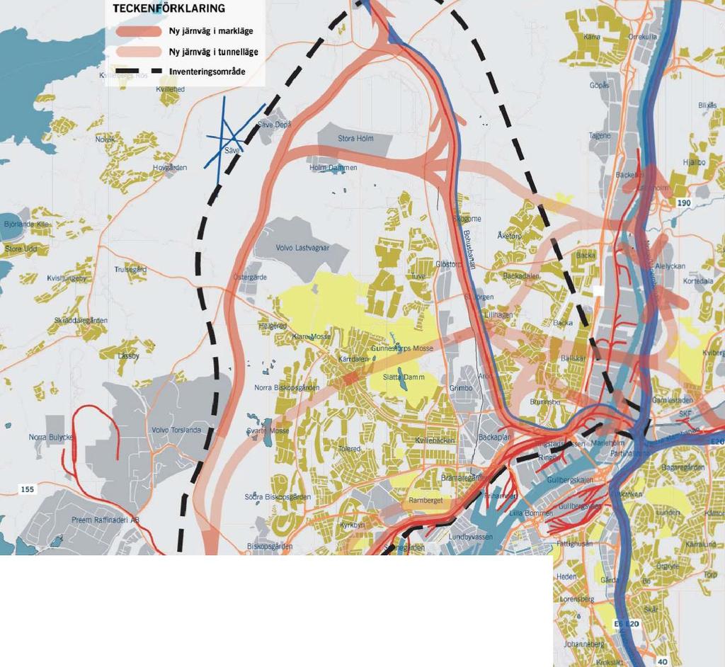 Figur 4.1.1. Förstudiens inventeringsområde med möjliga lokaliseringar schematiskt illustrerade. nomisk nytta samt påverkan på människors hälsa och miljö. 4.3.