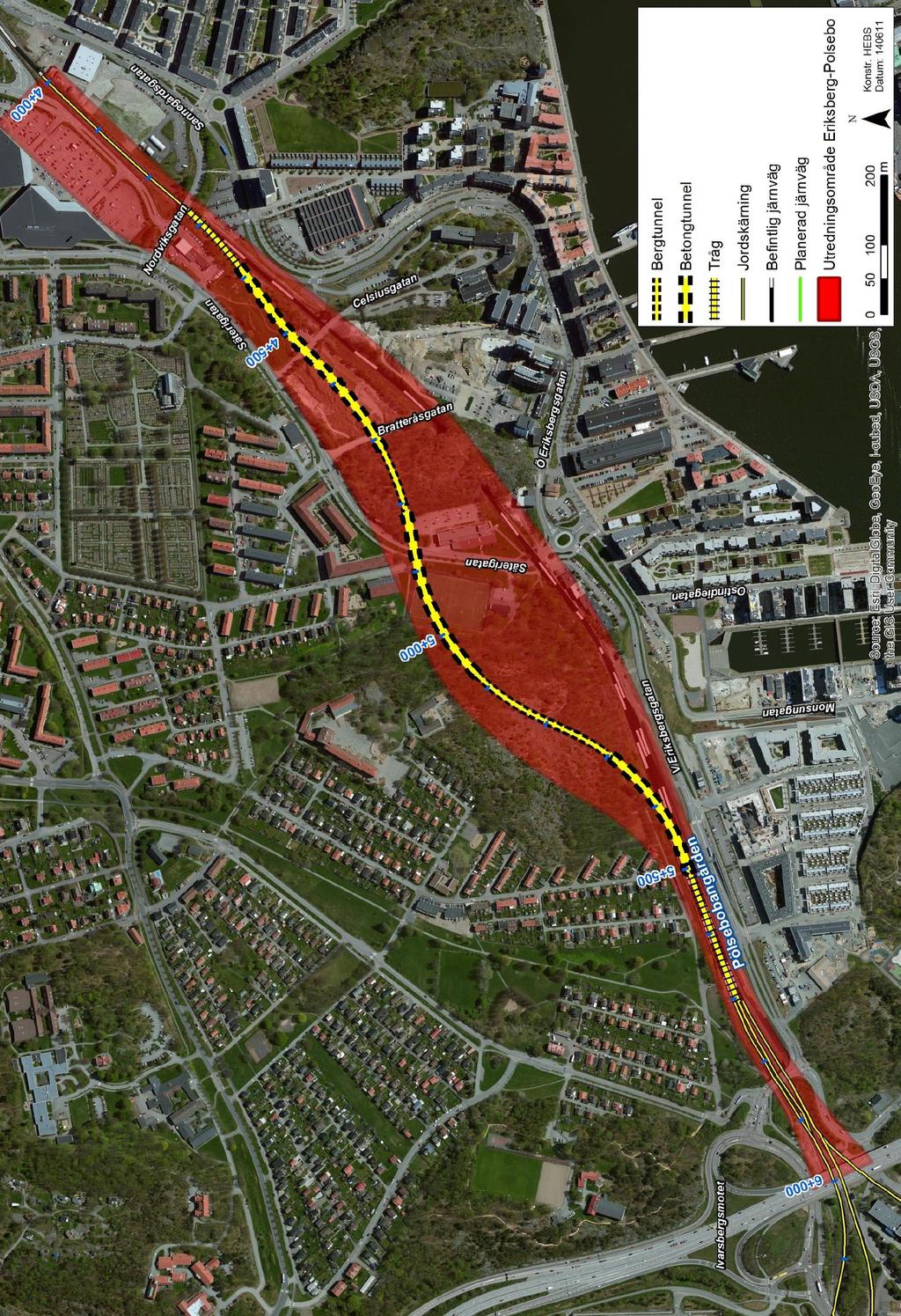 Figur 5.1.1. Ortofoto med illustration över hur nya Hamnbanan kommer att se ut med val av linje och konstruktionstyp för olika delar. x/xxx innebär längdmätning i kilometer.