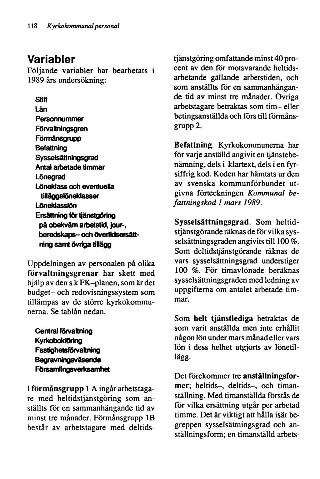 118 Kyrkokommunal personal Variabler Följande variabler har bearbetats i 1989 års undersökning: Stift Län Personnummer Förvaltningsgren Förmänsgrupp Befattning Sysselsättningsgrad Antal arbetade