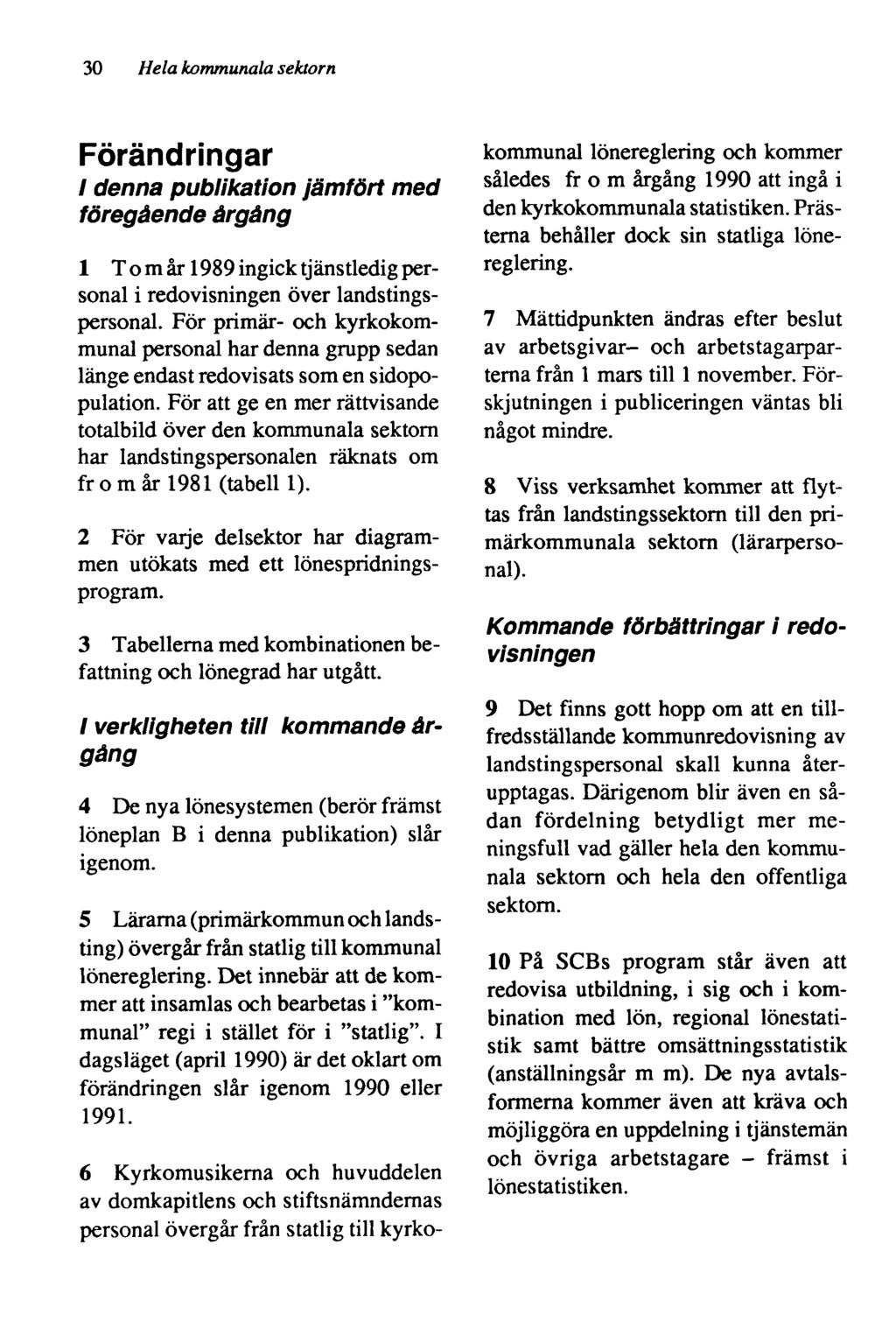 30 Hela kommunala sektorn Förändringar I denna publikation jämfört med föregående årgång 1 Tom år 1989 ingick tjänstledig personal i redovisningen över landstingspersonal.