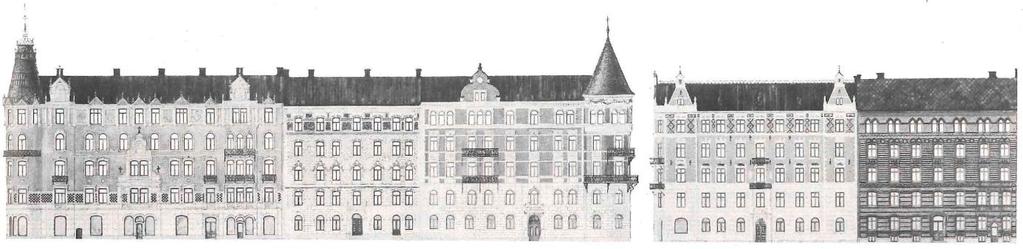 3.3.4.3 1890-TALET 1890-talets fasader har kraftiga smidesdetaljer och kraftiga hörnhus. Fönstersättningen varierar och är ansluten efter husets planlösning.