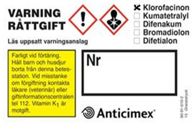 2016-10-31 6 Märkta betesstationer I de fall biocidprodukter används ska varje enskild betesstation vara märkt med följande uppgifter. Innehåll Varningstext Hänvisning till ett varningsanslag.