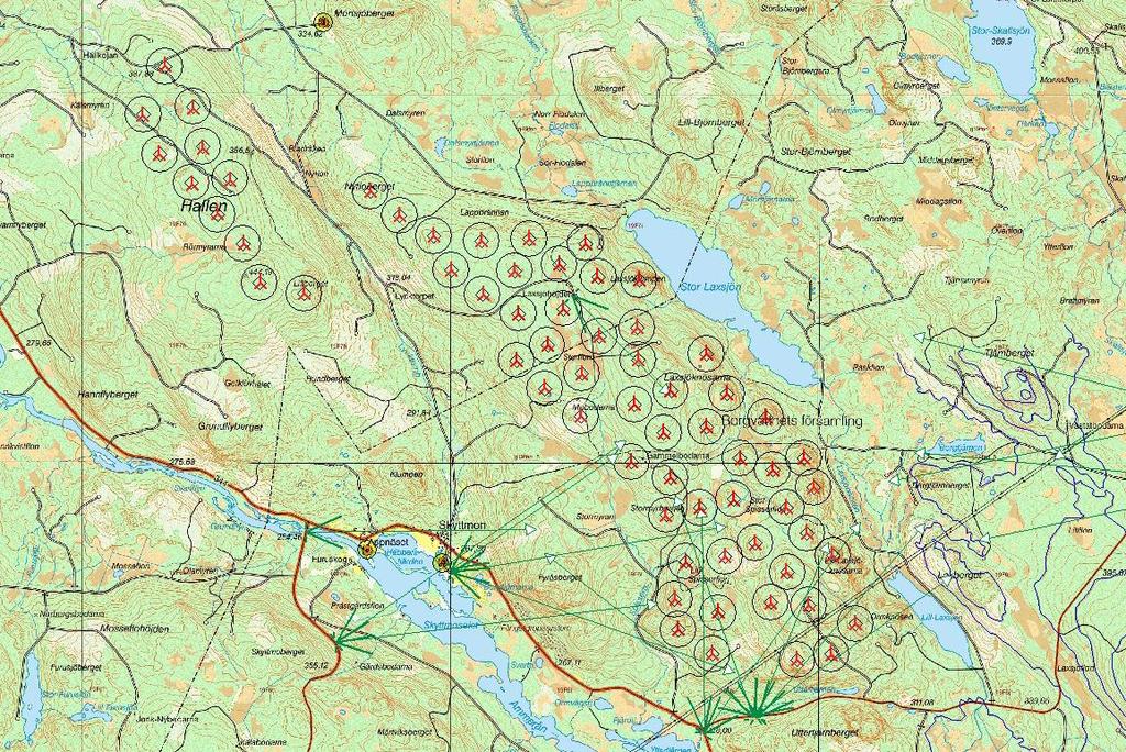 Bild 1. Vindkraftprojektet Skyttmon, placering av 65 vkv 38 i Ragunda kommun och 27 i Strömsund kommun.