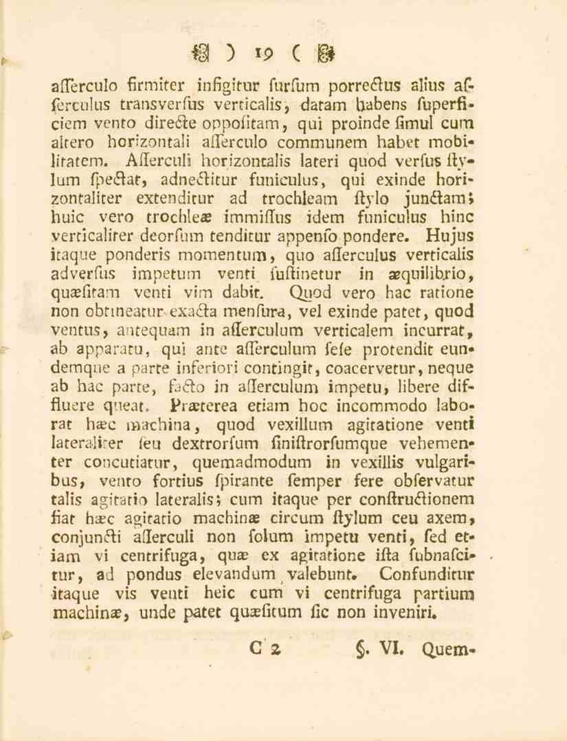 19 aiterculo firmiter infigitur furfum porreclus alius af» ferculus transverras verticalis, datarn b^bens fuperfi» ciem vento direite oppofitam, qui proinde fitnul cum altero horizontali aiterculo