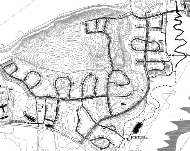 Sida 9 (11) Pumpstation 3 Pumpstation 1 Pumpstation 2 Bild 6: Spillvattennätet med 3 nya pumpstationer Pumpstation 3 som placeras i det låglänta området öster om bebyggelsen kommer att pumpa