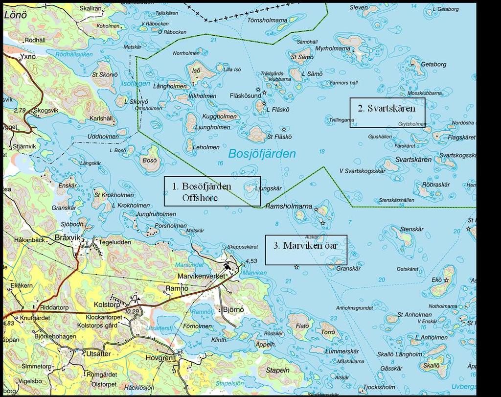 Alternativ lokalisering Tillgången till uddar, öar och skär med bra berggrund tillsammans med mycket goda vindlägen och inte minst närhet till ett elnät med hög kapacitet skapar gynnsamma