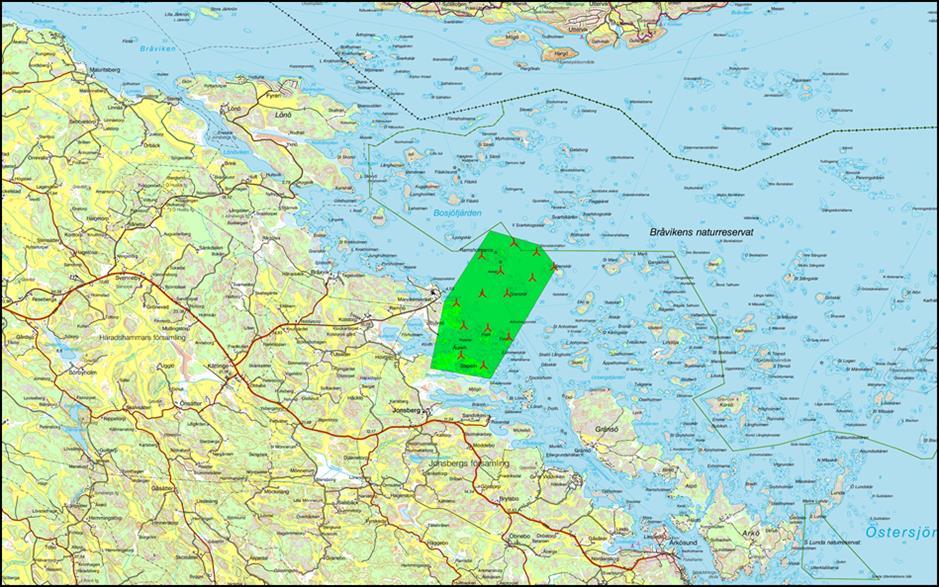 Projektets utformning Ett område som rymmer maximalt 14 vindkraftverk har avgränsats som projektområde för vindpark Marviken, se grönt område i figur 9.