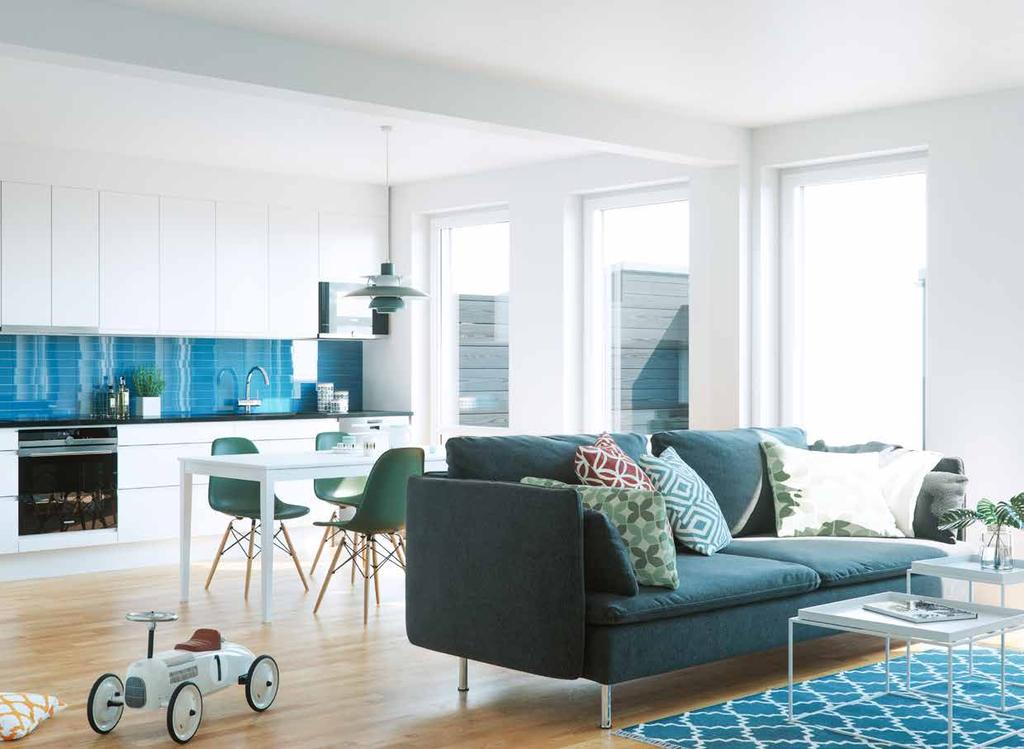 den öppna planlösningen med stora fönster och dubbla utgångar ger ljus och rymd. 00 KVARAT TRIVSEL I Brf Tallhöjden har vår arkitekt skapat en funktionell bostad i två plan som upplevs mycket rymlig.