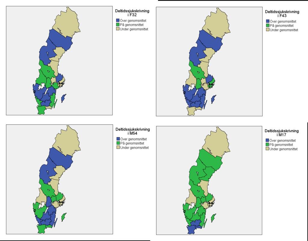 REGERINGSUPPDRAG 27 (62) Deltidssjukskrivning är genomgående mindre vanligt i Norrbotten och Gävleborg och i psykiatriska diagnoser också i Västernorrland, Örebro och Blekinge.